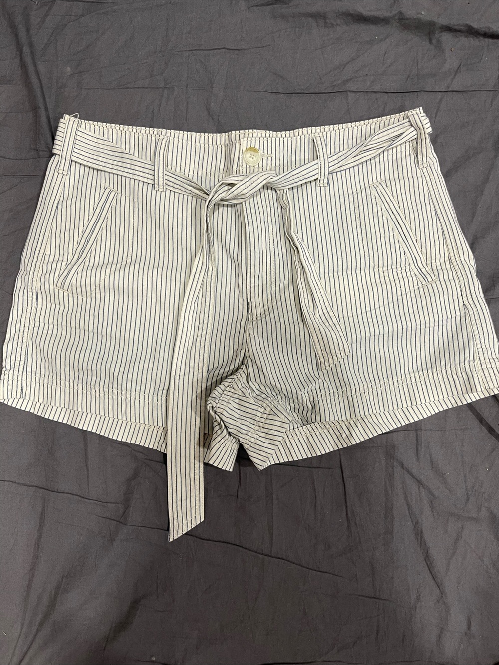 American Eagle Outfitters Cream Shorts with Blue Pinstripes and Self-Tie Waist